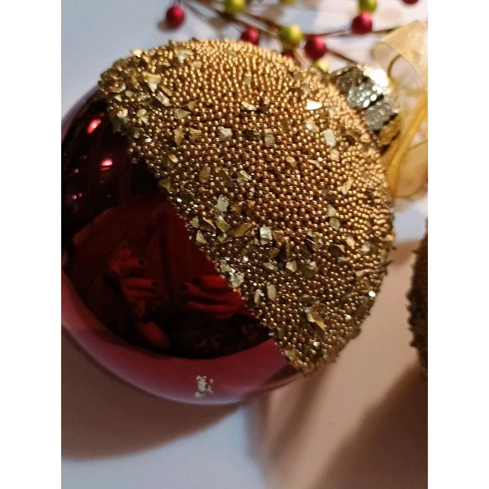 Pair Of Frontgate Glass Christmas‎ Ornaments Red And Gold Beaded Embellished